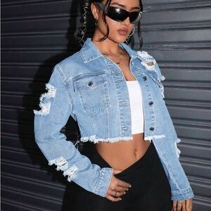 SHEIN Jeanoix Casual Distressed Washed Raw Edge Cropped Denim Jacket